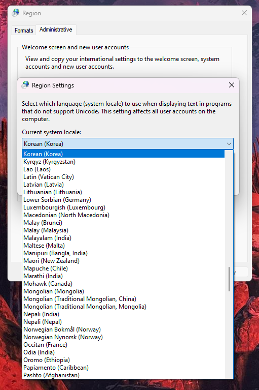 Region Settings window set to Korean (Korea)